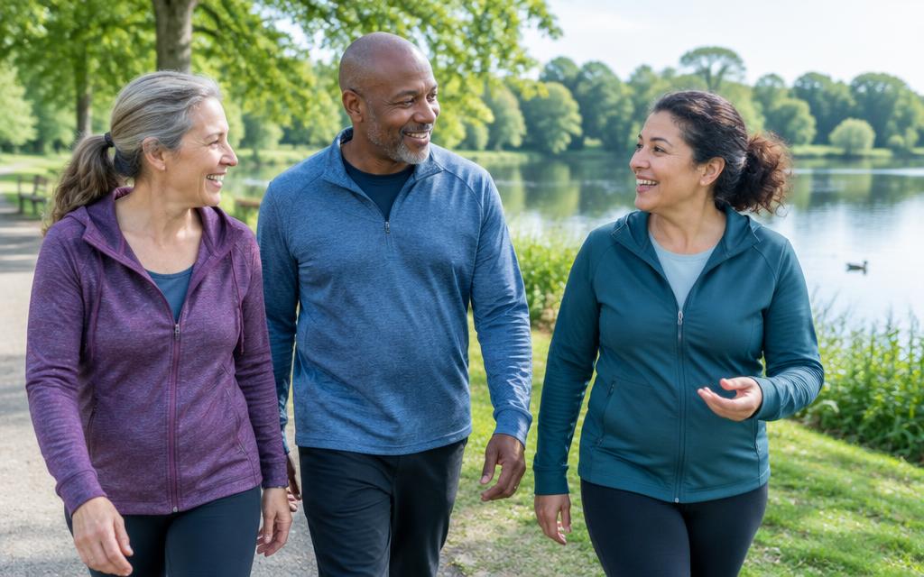 Three people enjoying a gentle walk beside a park lake