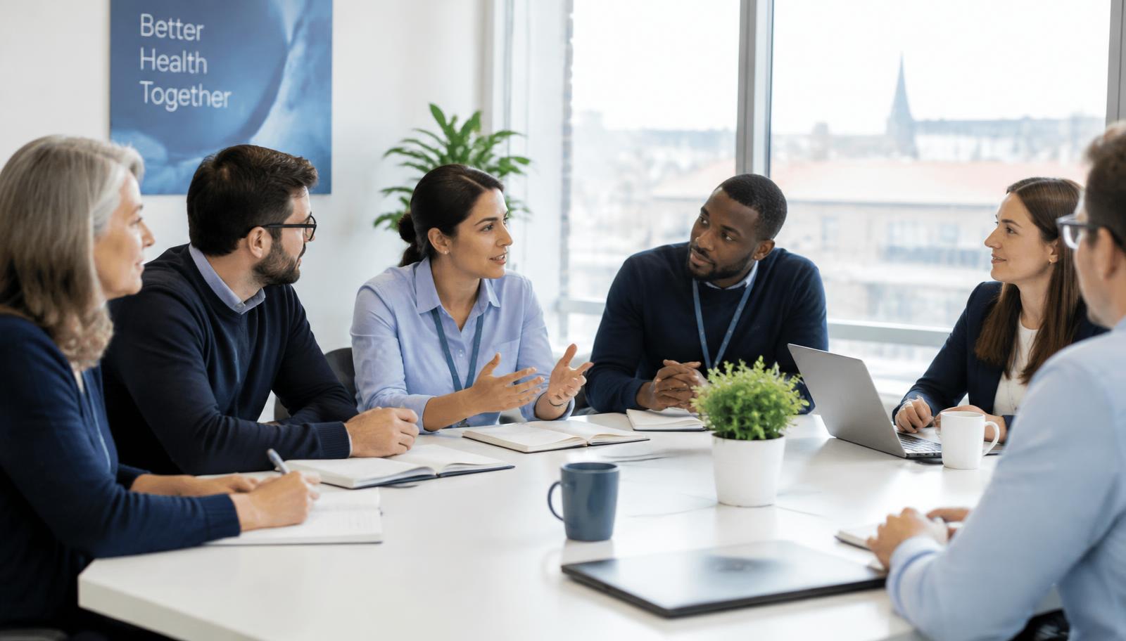 Patients and a pharma team talking around a meeting table